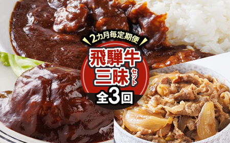 [2ヵ月毎定期便]飛騨牛三昧(ハンバーグ・カレー・牛丼の冷凍食品3種セット)全3回[配送不可地域:離島]