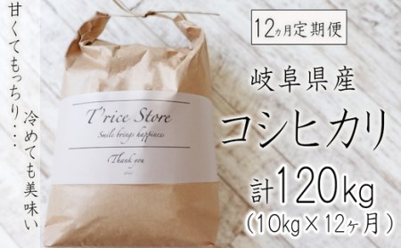 【令和6年産】新米 【１２カ月定期便】岐阜県産コシヒカリ 10kg(合計１２０kg)