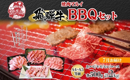 [7月に届く]飛騨牛 BBQ セット 約2kg カルビ 焼肉 モモ ヒレ ロース串 各約500g お肉 牛肉 和牛 国産 ブランド牛 バーべキュー お家焼肉 赤身 冷蔵 真空パック タレ付き 送料無料 焼肉マルイ 岐阜県 安八町