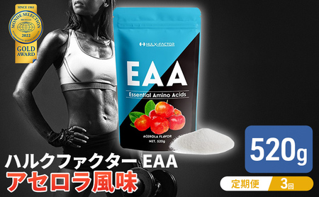 モンドセレクション金賞 [3か月定期便]ハルクファクター EAA アセロラ風味 人工甘味料不使用 大容量 520g 必須アミノ酸 BCAA プロテイン 人気 おいしい 筋トレ サプリメント 美容 燃焼系 ダイエット サプリ 国産