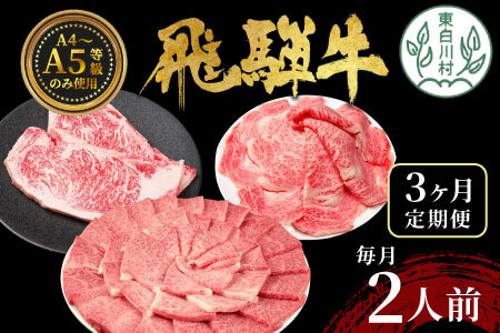 飛騨牛 定期便 全3回 計1.1kg 2人前 すき焼き しゃぶしゃぶ ステーキ 焼肉 BBQ ロース カタロース ロースステーキ サーロインステーキ モモ カタ 贅沢 贈り物 3ヶ月 定期 おすすめ 人気 飛騨 ブランド牛 肉のひぐち