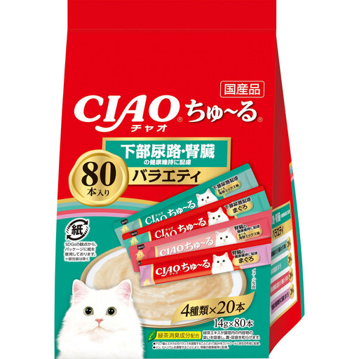 いなば CIAO猫ちゅ〜る 下部尿路・腎臓の健康維持に配慮バラエティ480本(14gx80本x6袋入)(ケース)