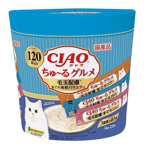 いなば CIAO猫ちゅ〜るグルメ 毛玉配慮 まぐろ海鮮バラエティ480本(14gx120本x4袋入)(ケース)