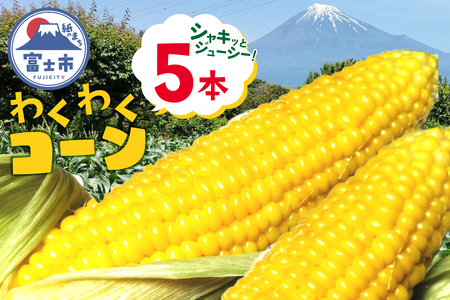 トウモロコシ わくわくコーン 5本 期間限定 数量限定 糖度15度以上 ジューシー 甘い スイートコーン 野菜 新鮮 朝採り クール便 冷蔵発送 静岡県 富士市 [6月中旬〜7月中旬頃に順次発送] [sf001-341]