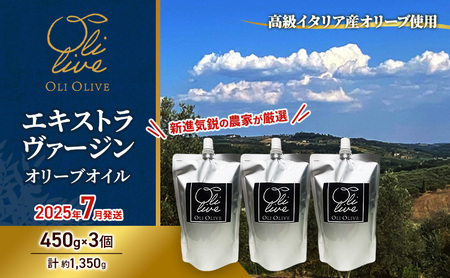 高級イタリア産 エキストラ・ヴァージン・オリーブオイル 450g×3個[2025年7月中旬より順次発送]調味料 油 オリーブ油 食用油 静岡県 袋井市