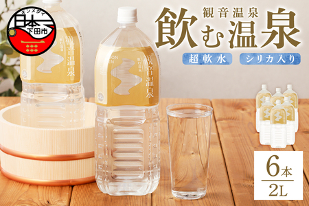 飲む温泉 観音温泉 2リットル(6本入) 1ケース [温泉水 飲む温泉水 水 2L 6本 1ケース 超軟水 美容 健康 料理 シリカ ミネラル 飲料 保存水 備蓄 ペットボトル 最高金賞 静岡 伊豆 下田市]
