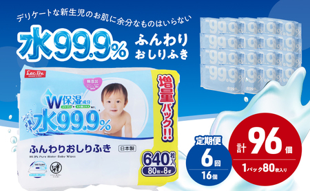 水99.9% ふんわりおしりふき（80枚×8P）×2セット 計96個 定期便 6ヶ月 6回 おしりふき シート お尻ふき 新生児 赤ちゃん ベビー 日本製 さらさら 水に近い まとめ買い 裾野市 静岡県
