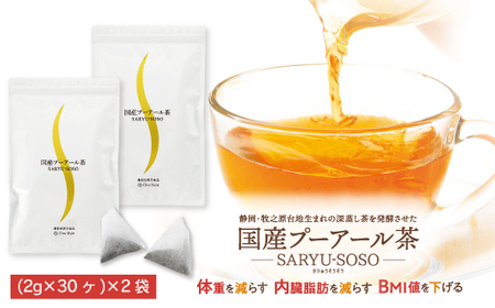 048-87　国産プーアール茶　SARYU-SOSO（2g×30ティーバッグ）×2袋セット　〈機能性表示食品〉