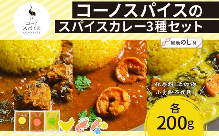 [無地熨斗] コーノスパイス スパイスカレー 3種 セット チキンカレー エビカレー ベジタブルカレー 各200g パック カレー 冷凍 小麦粉不使用 グルテンフリー CONO SPICE コーノコーラ 送料無料 愛知県 名古屋市