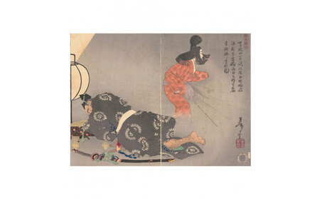 オリジナル[レプリカ浮世絵(2枚絵)月岡芳年作「天延四年秋妖怪土蜘蛛脳源頼光寝所酒田公時等宿直欲払其妖図」]/名古屋刀剣博物館