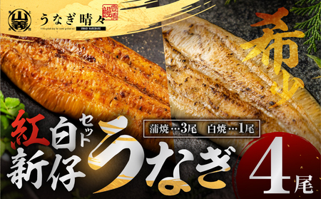 山義養魚の『うなぎ晴々』紅白セット 4尾(蒲焼3尾、白焼1尾)うなぎタレ・山椒・岩塩つき 新仔 若うなぎ