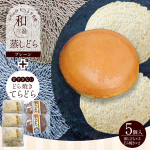 [人気どら焼き2種 5個入]和三盆 蒸しどら(プレーン)× 3 どら焼き(てらどら)×2 餡 ふわふわ しっとり食感 あいちの匠 ものづくりマイスター 優秀和菓子職 愛知県優秀技能者表彰受賞