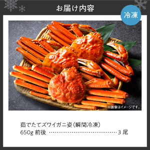 【茹でたて瞬間冷凍】ズワイガニ 650g前後×3尾 北海道 蟹 ズワイ