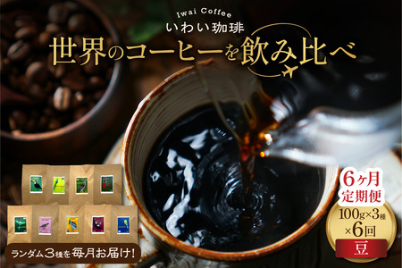 【定期便】世界のコーヒーを飲み比べ 定期便 全6ヶ月　店主厳選 珈琲 3種セット 毎月 100g × 3袋 6回 合計 1.8kg　いわい珈琲　シングルオリジン300g（豆）