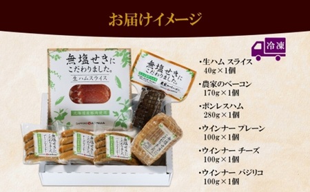 北海道産 無塩せき ハム ギフトC 6種 小分け ウインナー プレーン バジリコ チーズ 生ハム ベーコン ボンレスハム 豚肉 ソーセージ 冷凍 ギフト 札幌バルナバフーズ 送料無料 北海道 札幌市