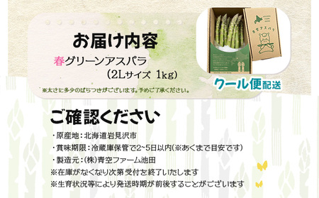 【先行予約／令和8年産】北海道岩見沢産　春グリーンアスパラ　2Lサイズ 1kg【41103】a129-003