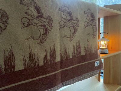 赤外線を吸収して温かくなる難燃ボアの焚火カモ柄ブランケット　Lサイズ_カーキドラブ【G0650】