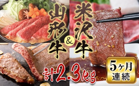 米沢牛・山形牛5ヶ月連続で届けますコース 2.3kg 肉 定期便 米沢牛 山形牛 赤身切落し ロースステーキ 薄切り ロース すき焼 焼肉セット 送料無料 ふるさと納税 F2Y-2237