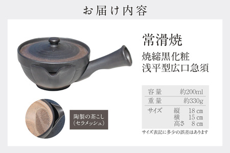 常滑焼 焼締黒化粧 浅平型広口急須 楽捨て構造 セラメッシュ（陶製茶こし） 常滑焼 急須 シンプルデザイン おしゃれ 焼き物 特産品 贈り物 プレゼント とこ販 茶器 和食器 陶器 陶磁器 ティーポット キッチン用品 キッチン雑貨 日本製 食器 紅茶 日本茶 愛知県 常滑市