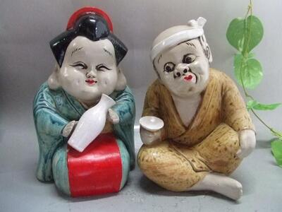 【信楽焼】お多福＆ひょっとこ  金運  　縁起招福　置物（nta-102）