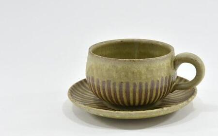 京焼 コーヒー 碗 / 皿 「遙白釉木 賊紋 」( ピスタチオグリーン ) 珈琲 カップ ソーサ― 受け皿 食器  工芸品 伝統工芸 食器 電子レンジ 食洗器 OK 宇治田原 京都