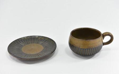 京焼 コーヒー碗 / 皿 「 新羅釉 木賊紋 」( 黒 ) 工芸品 伝統工芸