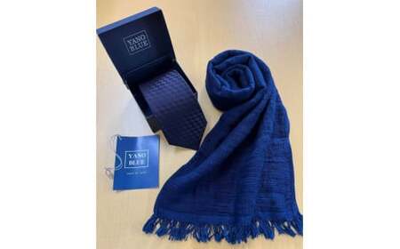 本藍染市松模様ネクタイとコットンストールのセット（勝色） 藍染