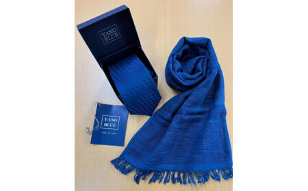 本藍染市松模様ネクタイとコットンストールのセット（縹色） 藍染