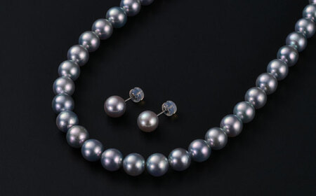 【選べる】【真珠科学研究所鑑別書付き】【艶々マーメイドブルーグレー系】7.5-8mm ネックレス、念珠、ピアスorイヤリング 3点セット / 佐賀県 [41AAAA026]