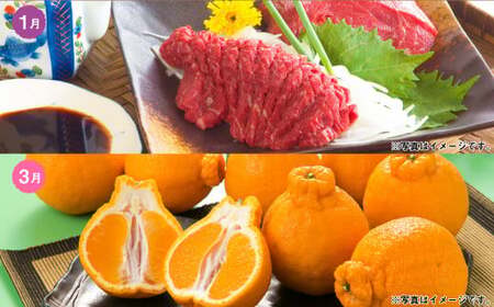 【6か月隔月定期便】熊本便り！熊本の名品堪能定期便 ｜ 馬刺し 馬肉 フルーツ 果物 くだもの デコポン みかん すいか 梨 あか牛 米 お米 特産品 お取り寄せ