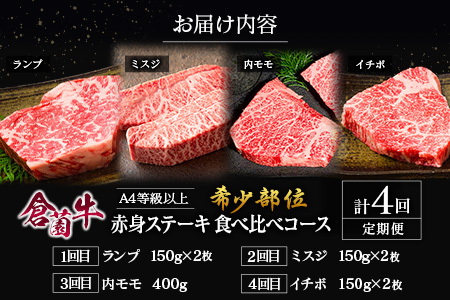 【定期便】宮崎県 倉薗牧場 A4等級以上 倉薗牛・希少部位 赤身 ステーキ 食べ比べコース 計4回
