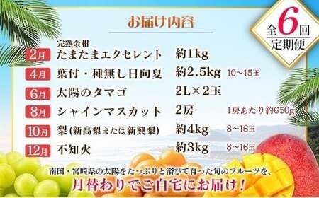 【偶数月 6回定期便】旬 人気 フルーツ 南国宮崎産 太陽のタマゴ きんかん シャインマスカット 日向夏 梨 みかん 柑橘 マンゴー ぶどう 果物 詰め合わせ＜A-2コース M120＞