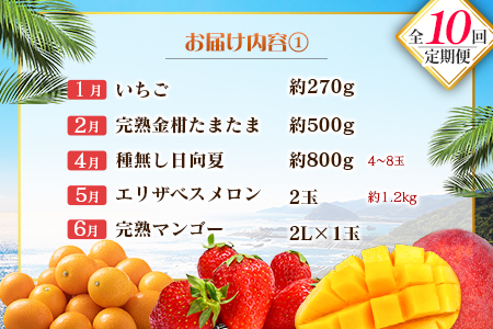 【10回定期便】旬 人気 フルーツ 南国宮崎産 マンゴー 金柑たまたま シャインマスカット ピオーネ いちご みかん 日向夏 メロン 柑橘 きんかん ぶどう 果物 詰め合わせ 宮崎県 九州<E-3コース M700>