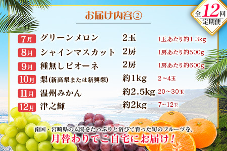 【12回定期便】旬 人気 フルーツ 南国宮崎産 マンゴー ライチ 金柑たまたま シャインマスカット ピオーネ いちご みかん 日向夏 メロン 梨 柑橘 きんかん ぶどう 果物 詰め合わせ 宮崎県 九州 1年 毎月お届け＜Bコース M200＞
