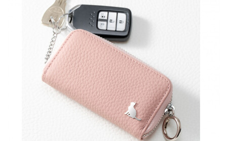 【スマートキー対応 カードが入る本革6連キーケース】<薄ピンク> おしゃれ 可愛い コンパクト スリム 猫 レザー