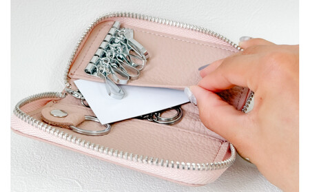 【スマートキー対応 カードが入る本革6連キーケース】<薄ピンク> おしゃれ 可愛い コンパクト スリム 猫 レザー