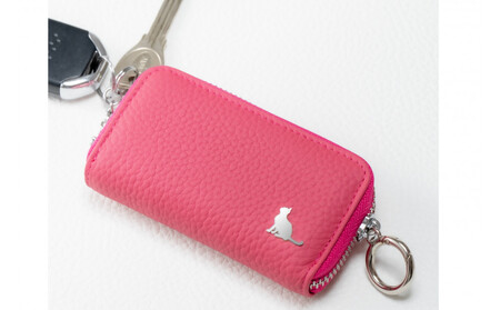 【スマートキー対応 カードが入る本革6連キーケース】<濃いピンク> おしゃれ 可愛い コンパクト スリム 猫 レザー