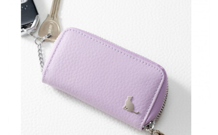 【スマートキー対応 カードが入る本革6連キーケース】<パープル> おしゃれ 可愛い コンパクト スリム 猫 レザー