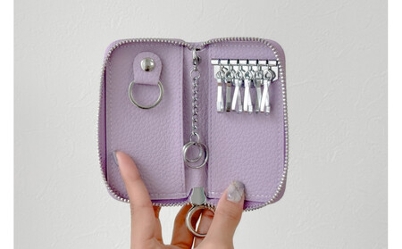 【スマートキー対応 カードが入る本革6連キーケース】<パープル> おしゃれ 可愛い コンパクト スリム 猫 レザー
