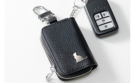 【本革スマートキーケース】<ブラック> ねこ おしゃれ 可愛い コンパクト スリム 猫 レザー 窓つき 収納