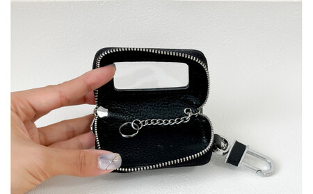 【本革スマートキーケース】<ブラック> ねこ おしゃれ 可愛い コンパクト スリム 猫 レザー 窓つき 収納