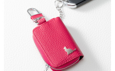 【本革スマートキーケース】<ピンク> ねこ おしゃれ 可愛い コンパクト スリム 猫 レザー 窓つき 収納