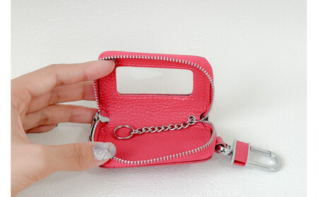 【本革スマートキーケース】<ピンク> ねこ おしゃれ 可愛い コンパクト スリム 猫 レザー 窓つき 収納