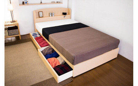 【組立サービス付】A322 ダブルサイズ 棚コンセント引き出し付きカントリー調ベッド 国産ポケットコイルマットレス(108618)付(ナチュラル)(1583)