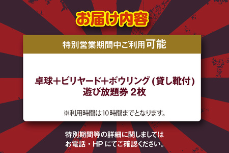 卓球/ビリヤード/ボウリング（レンタルシューズ付）遊び放題券　２枚（特別期間利用可）（1722）