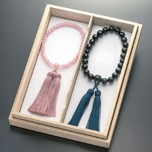 数珠男女ペアセット(青虎目石・桃色水晶・正絹房)※ペア桐箱入 【1033392】