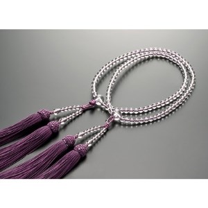 女性用二輪数珠 本水晶 正絹細房 濃藤色 桐箱入【1040857】