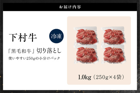 東浦町産黒毛和牛『下村牛』切り落とし 1.0kg（250g×4袋）│和牛 国産 黒毛和牛 牛肉 切り落とし 1キロ 1kg 便利 大容量 下村牛 愛知県 東浦町
