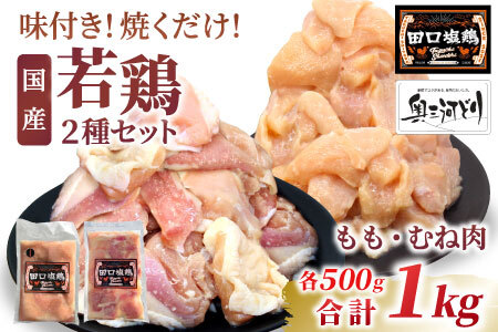 奥三河どり使用! 田口塩鶏 国産 若鶏味付け肉 2種セット 1kg(もも肉250g×2・むね肉250g×2)もも肉 むね肉 塩ダレ 味付け肉 鶏肉 鶏 肉 キャンプ バーベキュー 味付け肉 大容量 手軽 焼くだけ 地鶏 焼肉 焼き鳥 -170