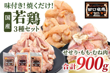 田口塩鶏 国産 若鶏味付け肉 3種セット 900g（もも肉250g×1・むね肉250g×1・せせり200g×２）もも肉 むね肉 塩ダレ 味付け肉 鶏肉 鶏 肉 奥三河どり キャンプ バーベキュー 味付け肉 大容量 地鶏 焼肉 焼き鳥 -169